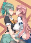  2girls abs akashi_(kantai_collection) blue_skirt blush bow breasts brown_eyes commentary_request evuoaniramu eyes_visible_through_hair folded_ponytail food from_side green_eyes green_hair green_skirt hair_bow hair_over_one_eye hair_ribbon highres hip_vent kantai_collection large_breasts long_hair long_sleeves md5_mismatch midriff multiple_girls pantyhose pink_hair pleated_skirt pocky pocky_kiss ponytail puffy_nipples ribbon school_uniform serafuku shared_food skirt smile tank_top tress_ribbon twintails yuri yuubari_(kantai_collection) 