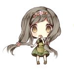  1girl black_hair boots dress eyebrows_visible_through_hair flower green_dress hair_flower hair_ornament hand_on_own_face hand_to_own_mouth head_wreath looking_at_viewer open_mouth original sencha_(senta_10) solo wreath yellow_eyes 