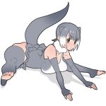  1girl animal_ears black_eyes breast_rest breasts cleavage elbow_gloves eyebrows_visible_through_hair feet fingerless_gloves gloves grey_gloves grey_hair grey_legwear kemono_friends large_breasts leotard multicolored_hair no_shoes short_hair small-clawed_otter_(kemono_friends) soles solo split sueyuu tail thick_thighs thigh-highs thighs toeless_legwear toeless_socks toes two-tone_hair white_hair 
