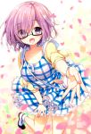  1girl dress fate/grand_order fate_(series) glasses hair_over_one_eye looking_at_viewer open_mouth outstretched_arm outstretched_hand plaid plaid_dress purple_hair shielder_(fate/grand_order) short_hair smile solo violet_eyes yadapot 