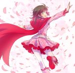  1girl adapted_costume alternate_costume blush boots brown_hair cape cherry_blossoms commentary dress female floral_background floral_print grey_eyes happy highres iesupa long_sleeves looking_at_viewer looking_back outstretched_arms pantyhose petals pink_boots pink_dress red_cape ruby_rose rwby short_hair smile solo 