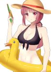  1girl bangs bikini bird black_bikini breasts duck eyebrows_visible_through_hair fate/grand_order fate_(series) florence_nightingale_(fate/grand_order) front-tie_bikini front-tie_top halter_top halterneck hips innertube kanase_(mcbrwn18) long_hair looking_at_viewer low_ponytail medium_breasts navel parted_lips pink_eyes pink_hair ponytail simple_background solo swimsuit upper_body water_gun white_background 