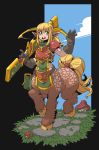  1girl animal_ears armor blonde_hair bow_(weapon) centaur crossbow gloves grass green_eyes horse_ears long_hair monster_girl mushroom original petite-emi pointy_ears ponytail smile solo tail weapon 