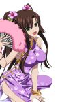  1girl :d bracelet brown_hair china_dress chinese_clothes dress fan flower green_eyes hair_flower hair_ornament holding holding_fan jewelry kirasaka_sayaka long_hair looking_at_viewer one_knee open_mouth pink_flower purple_dress sleeveless sleeveless_dress smile solo strike_the_blood transparent_background twintails 