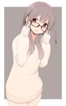  1girl :d adjusting_glasses bangs beige_sweater blush brown-framed_eyewear brown_eyes commentary cowboy_shot dress eyebrows_visible_through_hair glasses grey_background grey_hair hair_between_eyes hands_up heart long_hair looking_at_viewer nekoume open_mouth original ribbed_sweater simple_background smile solo sweater sweater_dress thighs translated white_border 