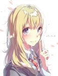  1girl aiko_(aiko_54) bangs blazer blonde_hair blue_eyes blurry blush cherry_blossoms closed_mouth copyright_name crying crying_with_eyes_open depth_of_field eyebrows_visible_through_hair finger_to_mouth highres index_finger_raised jacket long_hair looking_at_viewer miyazono_kawori necktie petals red_necktie school_uniform shigatsu_wa_kimi_no_uso shushing solo striped striped_necktie tears upper_body white_background 