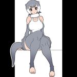  1girl black_eyes breasts elbow_gloves eyebrows_visible_through_hair feet fingerless_gloves gloves grey_gloves grey_hair grey_legwear kemono_friends large_breasts looking_at_viewer multicolored_hair no_shoes open_mouth pillarboxed short_hair simple_background sitting small-clawed_otter_(kemono_friends) solo sueyuu tail thick_thighs thigh-highs thighs toeless_socks toes two-tone_hair white_hair wide_hips 