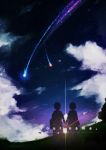  1boy 1girl absurdres clouds comet commentary_request copyright_name diffraction_spikes hand_holding highres kimi_no_na_wa miyamizu_mitsuha night night_sky red_ribbon ribbon short_hair silhouette sky star_(sky) starry_sky tachibana_taki 