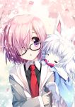  1girl :o blush eyebrows_visible_through_hair fate/grand_order fate_(series) fou_(fate/grand_order) glasses hair_over_one_eye looking_at_another necktie open_mouth purple_hair red_necktie shielder_(fate/grand_order) shimesaba_kohada short_hair upper_body violet_eyes 