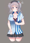  1girl 3: absurdres alternate_costume bangs beret black_skirt blue_eyes blue_shirt blush bra breasts cleavage closed_mouth collarbone cropped_legs eyebrows_visible_through_hair grey_background grey_hair hat highres kanase_(mcbrwn18) kantai_collection kashima_(kantai_collection) lace lace-trimmed_bra large_breasts lawson miniskirt partially_unbuttoned pleated_skirt shirt simple_background skirt solo squiggle striped striped_shirt sweatdrop trembling twintails unbuttoned unbuttoned_shirt underwear wavy_hair 