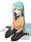  1girl arms_at_sides bangs black_legwear blue_skirt blush brown_eyes brown_sweater closed_mouth eyebrows_visible_through_hair fate/grand_order fate_(series) green_hair hands_on_own_thighs hands_on_thighs highres kanase_(mcbrwn18) kiyohime_(fate/grand_order) long_hair looking_at_viewer miniskirt pantyhose pleated_skirt school_uniform serafuku shoes shoes_removed single_shoe sitting skirt smile solo tile_floor tiles uwabaki very_long_hair wariza 