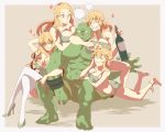  1boy artist_request bare_shoulders blonde_hair blush bottle breasts cleavage elf green_eyes large_breasts long_hair multiple_girls orc original pointy_ears short_hair thigh-highs 