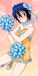  1girl blue_bow blue_hair blush bow cheerleader collarbone dress hair_between_eyes hair_bow looking_at_viewer mole mole_under_eye nisekoi pom_poms red_eyes short_dress short_hair sleeveless sleeveless_dress solo sweatdrop tsugumi_seishirou 