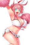  1girl aqua_eyes armpits arms_up belly breasts cleavage curvy elphelt_valentine erect_nipples guilty_gear hat highres large_breasts long_hair looking_at_viewer midriff navel onsoku_maru open_mouth pink_hair pom_poms shiny shiny_skin simple_background skirt smile solo thighs white_background 