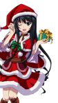  1girl ;d black_eyes black_hair black_ribbon boots bow bowtie box brown_boots capelet choker collarbone dress gift gift_box green_bow hat holding holding_box knee_boots long_hair looking_at_viewer minamiya_natsuki one_eye_closed open_mouth red_dress red_hat ribbon ribbon_choker santa_costume santa_hat short_dress smile solo standing strike_the_blood transparent_background very_long_hair 