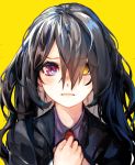  1girl black_hair blush hair_between_eyes hair_over_one_eye hands_clasped heterochromia highres long_hair maido_mido necktie original red_eyes solo suit_jacket tearing_up wavy_mouth yellow_background yellow_eyes 
