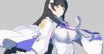  1girl absurdres aosora_kamiya black_hair breasts cape cleavage girls_frontline gloves gradient gradient_background hairband highres large_breasts long_hair qbz-95_(girls_frontline) simple_background smile solo white_gloves yellow_eyes 