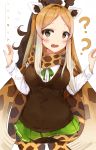  1girl ? absurdres animal_ears blonde_hair breasts brown_eyes brown_hair brown_vest bubble_background character_name confused cowboy_shot d: dot_nose eyebrow_twitching eyebrows_visible_through_hair eyelashes flying_sweatdrops giraffe_ears giraffe_horns giraffe_print giraffe_tail gradient_hair gradient_scarf green_ribbon green_skirt hands_up highres kemono_friends large_breasts light_brown_hair long_hair looking_at_viewer miniskirt multicolored multicolored_clothes multicolored_hair multicolored_scarf neck_ribbon nervous open_mouth pantyhose pleated_skirt ribbon ris_(pixiv_12266637) scarf shirt sidelocks skirt solo south_african_giraffe_(kemono_friends) sweat tail tearing_up tears vest wavy_hair wavy_mouth white_background white_shirt 