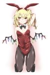  1girl animal_ears arm_behind_head armpits bare_shoulders black_bow black_bowtie black_legwear black_shoes blonde_hair bow bowtie breasts cleavage covered_navel detached_collar fake_animal_ears flandre_scarlet full_body highres kneeling kz_oji leotard long_hair looking_at_viewer pantyhose rabbit_ears red_eyes shiny shiny_clothes shoes side_ponytail small_breasts solo touhou wings 