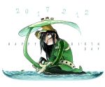  1girl :&gt; aiue0 asui_tsuyu belt black_hair bodysuit boku_no_hero_academia dated frog frog_girl gloves goggles goggles_on_head green_bodysuit happy_birthday holding long_hair one_eye_closed solo_focus water wet wet_clothes wet_hair white_gloves 