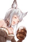  1girl :d ^_^ alcohol bangs beer beer_mug blush breasts brown_dress brown_gloves closed_eyes cup dress elbow_gloves erun_(granblue_fantasy) gloves granblue_fantasy hana_mori hand_up highres holding holding_cup korwa large_breasts long_hair open_mouth silver_hair simple_background smile solo teeth upper_body white_background 