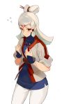  1girl blush brown_eyes closed_mouth hair_ornament jewelry leggings long_hair necklace paya_(zelda) pointy_ears sasamori_tomoe simple_background solo the_legend_of_zelda the_legend_of_zelda:_breath_of_the_wild white_background white_hair white_legwear 