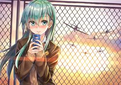  1girl aircraft airplane aqua_eyes aqua_hair blazer chain-link_fence evening fence hair_ornament hairclip jacket jewelry kantai_collection kotatsu_(kotatsu358) lips long_hair looking_at_viewer ring school_uniform sleeves_past_wrists smile suzuya_(kantai_collection) upper_body wedding_ring 