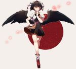  1girl ascot bird_wings black_ascot black_hair black_skirt black_wings bobby_socks brown_eyes feathered_wings full_body geta hand_on_hip hand_on_own_chin hat highres namataro pom_pom_(clothes) puffy_short_sleeves puffy_sleeves red_background red_hat red_shoes shameimaru_aya shirt shoes short_sleeves skirt socks solo tassel tengu-geta tokin_hat touhou white_legwear white_shirt wings 