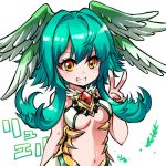  1girl :d aqua_hair bangs bare_arms bare_shoulders blush breasts crystal eyebrows_visible_through_hair feathered_wings flipped_hair fur_collar gem grin hair_between_eyes hair_intakes hand_up head_wings leaf looking_away medium_breasts midriff navel open_mouth orange_eyes pikomarie puzzle_&amp;_dragons ruby_(stone) ruel_(p&amp;d) shiny shiny_hair short_hair_with_long_locks simple_background smile solo stomach teeth under_boob upper_body v white_background wings 
