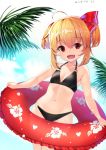  1girl bikini black_bikini blonde_hair dated floral_print hair_ribbon halter_top halterneck innertube kasa_jizou looking_at_viewer navel open_mouth palm_tree red_eyes red_ribbon ribbon rumia sidelocks smile solo swimsuit touhou tree 