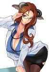  1girl animal_ears breasts brown_eyes brown_hair brown_legwear cleavage glasses horns labcoat lace lace-trimmed_thighhighs large_breasts long_hair original parted_lips pencil_skirt skirt solo stethoscope thigh-highs thighs yukiyanagi 