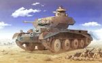  6+boys caterpillar_tracks clouds cruiser_(tank) cup desert earasensha grass ground_vehicle gun hat military military_vehicle motor_vehicle multiple_boys real_life rifle rock sky smoke tank teacup weapon world_war_ii 