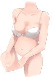  1girl arms_at_sides between_legs bow bow_bra bra breasts cleavage collarbone cropped_torso hand_between_legs highres medium_breasts murabito_c navel original panties simple_background sketch solo thighs underwear underwear_only white_background white_bra white_panties 