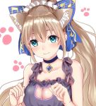  1girl animal_ears bangs blonde_hair blue_bow blue_eyes blush bow bra breasts cat_cutout cat_day cat_ears cat_lingerie choker cleavage cleavage_cutout closed_mouth error frilled_bra frills hair_between_eyes hair_bow hamu_(plot_sy) hands_up light_smile lingerie long_hair looking_at_viewer medium_breasts meme_attire paw_background ponytail sheet_music shironeko_project smile solo underwear very_long_hair 