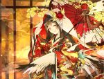  1girl bangs brown_hair closed_mouth clouds feathered_wings floral_print holding holding_umbrella indoors japanese_clothes kimono light_smile long_hair looking_at_viewer miyuki_(miyuki_05290) nengajou new_year oriental_umbrella original red_kimono smile solo umbrella veil very_long_hair white_wings wings yellow_eyes 