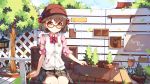  1girl arm_at_side artist_name bangs bench blue_sky blurry blush bow bowtie box brown_hair brown_skirt buttons cabbie_hat closed_mouth clouds collared_shirt commentary_request cowboy_shot dango_remi day ears_visible_through_hair emblem eyebrows_visible_through_hair falling_leaves fence flower_pot hair_bow hat lantern legs_together long_sleeves looking_at_viewer medium_skirt motion_blur original outdoors pink_shirt plaid plaid_skirt plant pocket potted_plant red_bow red_bowtie red_hat rock school_uniform shirt short_hair sitting skirt sky sleeve_cuffs sleeves_folded_up sleeves_pushed_up smile solo thick_eyebrows tree wind_chime wing_collar yellow_eyes 