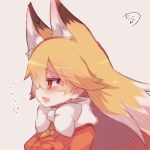  1girl animal_ears blonde_hair blush bow bowtie ezo_red_fox_(kemono_friends) fang fox_ears kemono_friends long_hair muuran open_mouth orange_eyes pink_background profile signature simple_background solo translation_request upper_body white_bow 