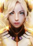  1girl blonde_hair blue_eyes bodysuit derivative_work eyelashes face haohe_buguo headgear highres light_particles lips long_hair looking_at_viewer mercy_(overwatch) muju overwatch parted_lips photorealistic pink_lips portrait realistic shards solo turtleneck 