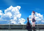  1girl ahoge aiko_(aiko_54) bangs black_legwear blue_necktie blue_sky breast_pocket brown_hair brown_shoes city closed_mouth clouds cloudy_sky day guitar_case highres instrument_case kneehighs leaning_on_rail loafers looking_to_the_side necktie original outdoors plaid plaid_skirt pleated_skirt pocket railing scenery school_uniform shoes skirt sky sleeves_rolled_up smile solo standing striped striped_necktie 