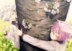  2boys ^_^ akita_toushirou cherry_blossoms closed_eyes flower gokotai hair_over_one_eye male_focus multiple_boys oisih open_mouth petals pink_hair smile touken_ranbu tree white_hair 