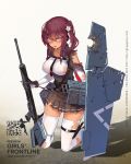  1girl belt_buckle boots breasts buckle dark_skin full_body girls_frontline gloves gun hand_on_own_chest hat highres holding impossible_clothes kneeling large_breasts long_hair looking_at_viewer nightmaremk2 no_hat no_headwear official_art personification purple_hair rifle saiga-12 saiga-12_(girls_frontline) skirt solo thigh-highs torn_clothes torn_thighhighs transparent_background twintails weapon white_legwear yellow_eyes 