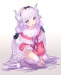  1girl blue_eyes capelet dragon dragon_girl dragon_horns dress hair_ornament hairband horns jname kanna_kamui kobayashi-san_chi_no_maidragon lavender_hair layered_dress long_hair looking_at_viewer pink_dress short_dress thigh-highs western_dragon white_legwear 