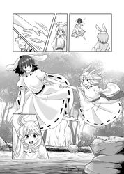  animal_ears comic greyscale hand_holding highres inaba_tewi jumping mana_(gooney) monochrome rabbit rabbit_ears speech_bubble text touhou translation_request 