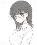  1girl 3: bangs black_hair breasts brown_eyes closed_mouth eyebrows_visible_through_hair flying_sweatdrops from_side glasses grey_background large_breasts looking_at_viewer nekoume original simple_background sketch solo upper_body 