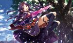  ahoge bangs clouds gabiran gloves holding holding_sword holding_weapon konno_yuuki_(sao) long_hair long_sleeves looking_at_viewer open_mouth petals pointy_ears purple_hair red_eyes sky solo sword sword_art_online teeth thigh-highs tree weapon wind 