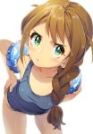  1girl aqua_eyes baba_konomi blush braid breasts brown_hair commentary_request hair_flaps hair_over_shoulder highres idolmaster idolmaster_million_live! joey_koguma leaning_forward long_hair looking_at_viewer one-piece_swimsuit simple_background single_braid small_breasts solo swimsuit white_background 