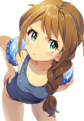  1girl aqua_eyes baba_konomi blush braid breasts brown_hair commentary_request hair_flaps hair_over_shoulder highres idolmaster idolmaster_million_live! joey_koguma leaning_forward long_hair looking_at_viewer one-piece_swimsuit simple_background single_braid small_breasts solo swimsuit white_background 