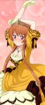  1girl arms_up blush breasts brown_eyes brown_hair cleavage collarbone diadem dress gloves green_gloves jewelry looking_at_viewer medium_breasts necklace nisekoi short_hair_with_long_locks sidelocks smile solo tachibana_marika yellow_dress 
