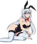  1girl animal_ears black_hairband black_leotard blue_eyes blush bow bowtie breasts bunny_tail bunnysuit choker cleavage covered_navel eyebrows_visible_through_hair fake_animal_ears garter_straps hair_bow hairband la_folia_rihavein large_breasts leotard long_hair looking_at_viewer rabbit_ears red_bow shiny shiny_clothes shiny_skin silver_hair smile solo strapless strapless_leotard strike_the_blood tail thigh-highs transparent_background very_long_hair white_legwear 