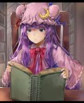  1girl bangs blue_eyes blue_ribbon blunt_bangs book bookshelf bow bowtie capelet closed_mouth crescent frown hat hat_ribbon highres letterboxed library long_hair mob_cap nail_polish netamaru open_book patchouli_knowledge purple_hair purple_nails reading red_bow red_bowtie red_ribbon ribbon sidelocks sitting solo table touhou upper_body voile 